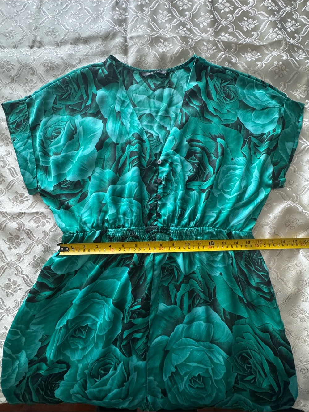 Zara Green Floral Jumpsuit Size L Tapered Leg Side Pockets - Picture 6 of 7